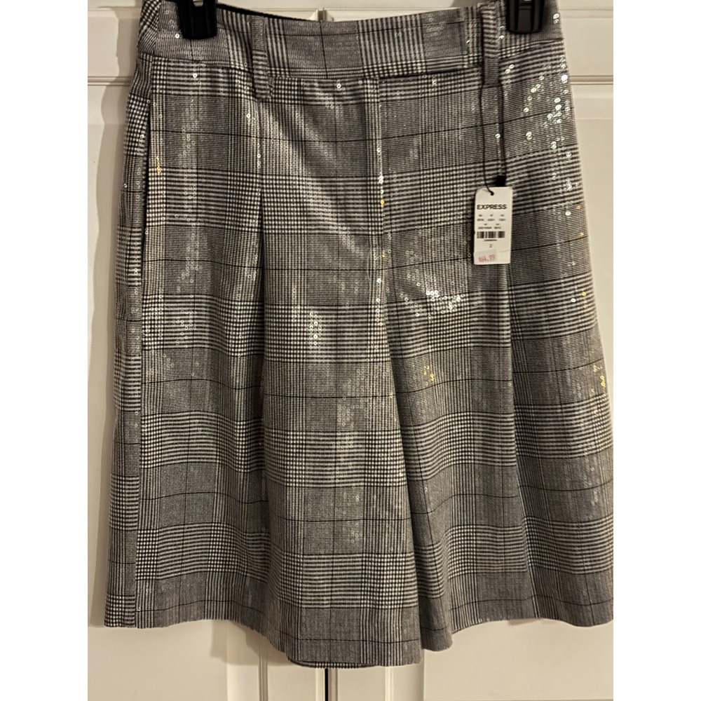 Express Sequin Glen Plaid Pleated Shorts Grey Silver Holiday Party 03015598 2